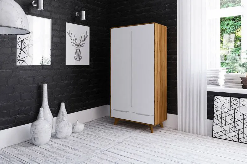 Kleiderschrank | 2 Drehtüren | 6 Fächer | 2 Schubladen | mit Kleiderstange | 90 cm breit | Massivholz | Farbe: Braun / Weiß Abbildung