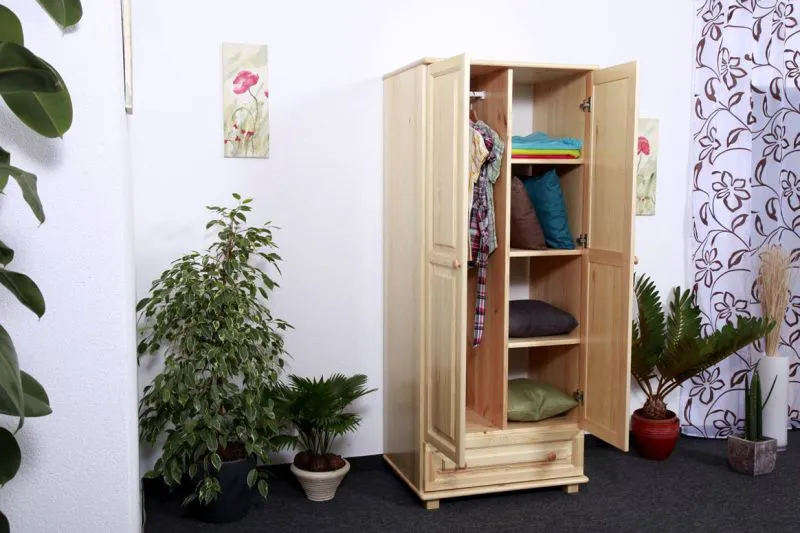 Schmaler Kleiderschrank | 2 Drehtüren | 1 Schublade | 4 Fächer | mit Kleiderstange | 80 cm breit | Massivholz | Farbe: Natur Abbildung