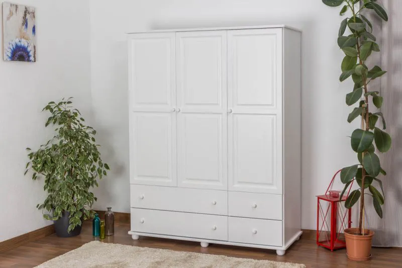 Kleiderschrank | 3 Drehtüren | 4 Schubladen | 4 Fächer | mit Kleiderstange | 155 cm breit | Massivholz | Farbe: Weiß Abbildung