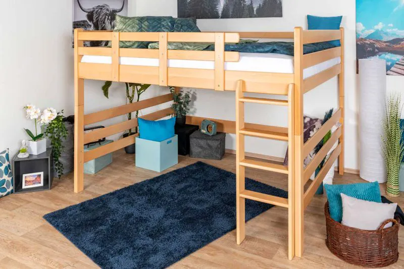 Hochbett für Jugendliche 160 x 190 cm | Massivholz: Buche | Natur Lackiert | umbaubar in Einzelbett | Premium-Qualität | inkl. Rollrost Abbildung