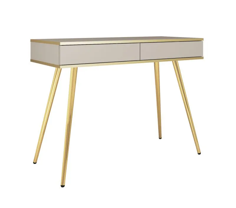 Eleganter Schminktisch mit Push-to-open Funktion Horsham 70, Farbe: Beige, zwei Schubladen, ABS-Kantenschutz, Beine: Gold, aus hochwertigen Materialien