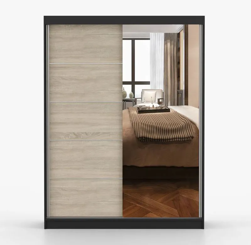 Schiebetürenschrank / Kleiderschrank mit Spiegel Sonoma Eiche / Schwarz | Bucegi 25 | 200 x 150 x 61 cm | 2 Türen | Griffe: Aluminium | 6 Fächer