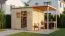 19 mm Elementgartenhaus | 3,84 x 2,39 Meter | Gartenhaus inkl. Anbaudach | Naturbelassen | Gerätehaus | inkl. Fußboden | Flachdach | Mainz 04 | Gerahmte Massivholztür mit Fenstern