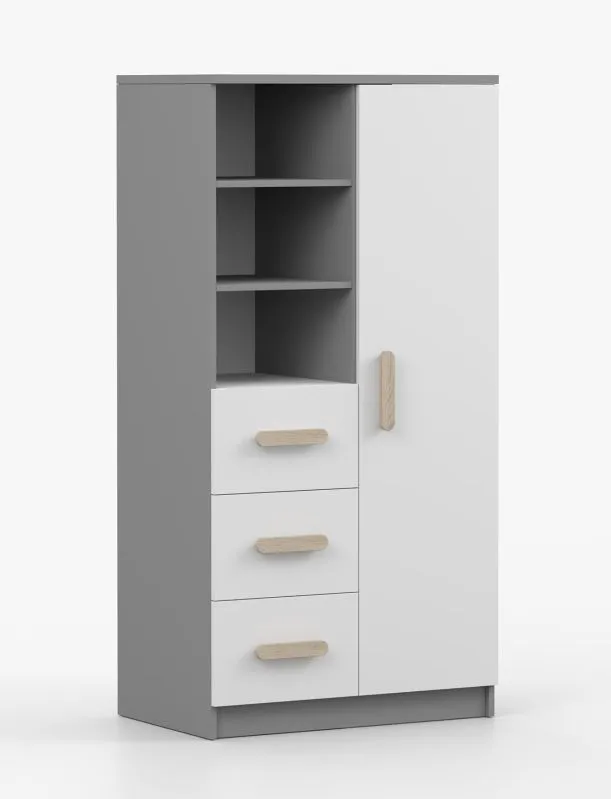 80 cm breite Bücherregal | 159 x 80 x 40 cm | Weiß / Grau | Smolikas 39 | 3 Schubladen | braune Holzgriffe | 7 Fächer | Kinder | Jugend