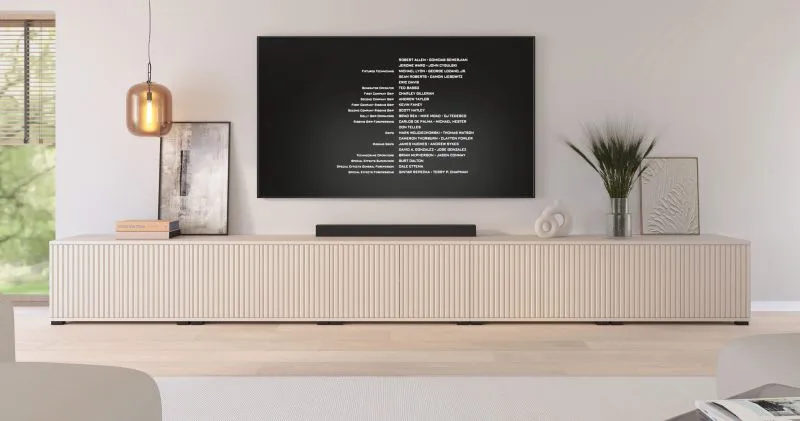 TV-Unterschrank | Kaschmir | 10 Drehtüren | 10 Fächer | 350 x 40 x 42 cm | Lamellen Design | für Wohnzimmer | TV-Möbel | Push-to-open Funktion