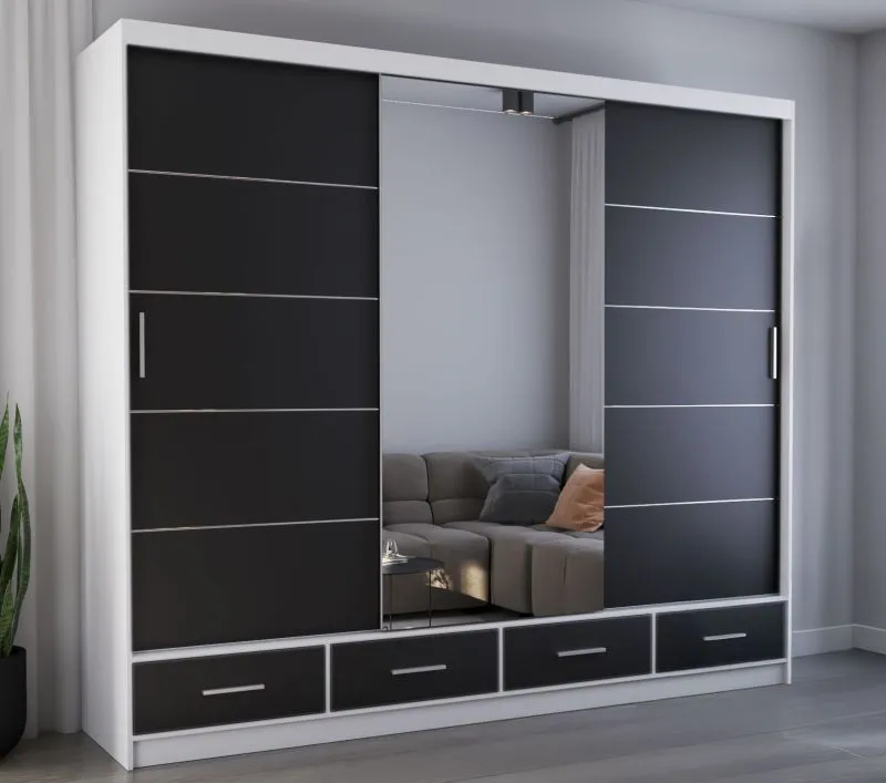 Schiebetürenschrank / Kleiderschrank mit Spiegel | 218 x 250 x 61 cm | Schwarz / Weiß | Lusatian 37 | 3 Türen | 4 Schubladen | 7 Fächer | Zweifarbig