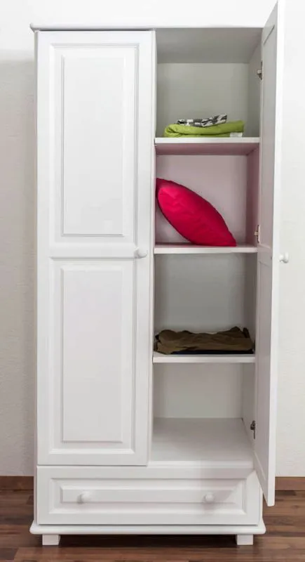 Kleiderschrank | 2 Drehtüren | 1 Schublade | 4 Fächer | mit Kleiderstange | 80 cm breit | Massivholz | Farbe: Weiß Abbildung