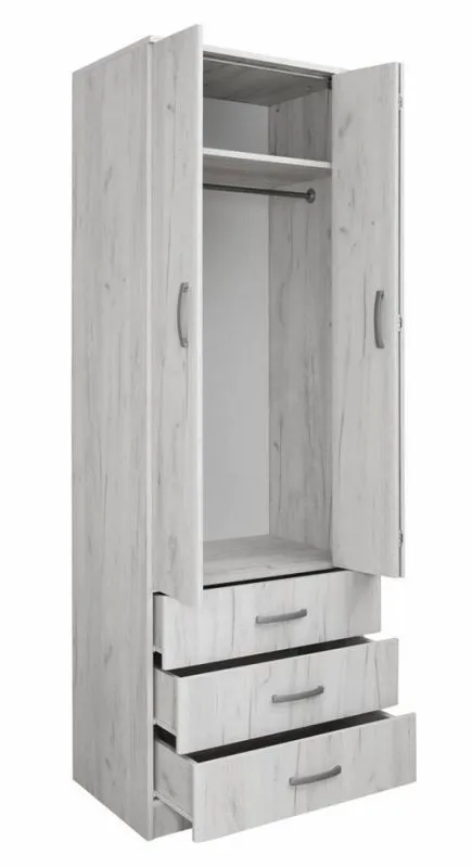 Schmaler Kleiderschrank | 2 Drehtüren | 3 Schubladen | 1 Fach | mit Kleiderstange | 75 cm breit | Farbe: Weiß Abbildung