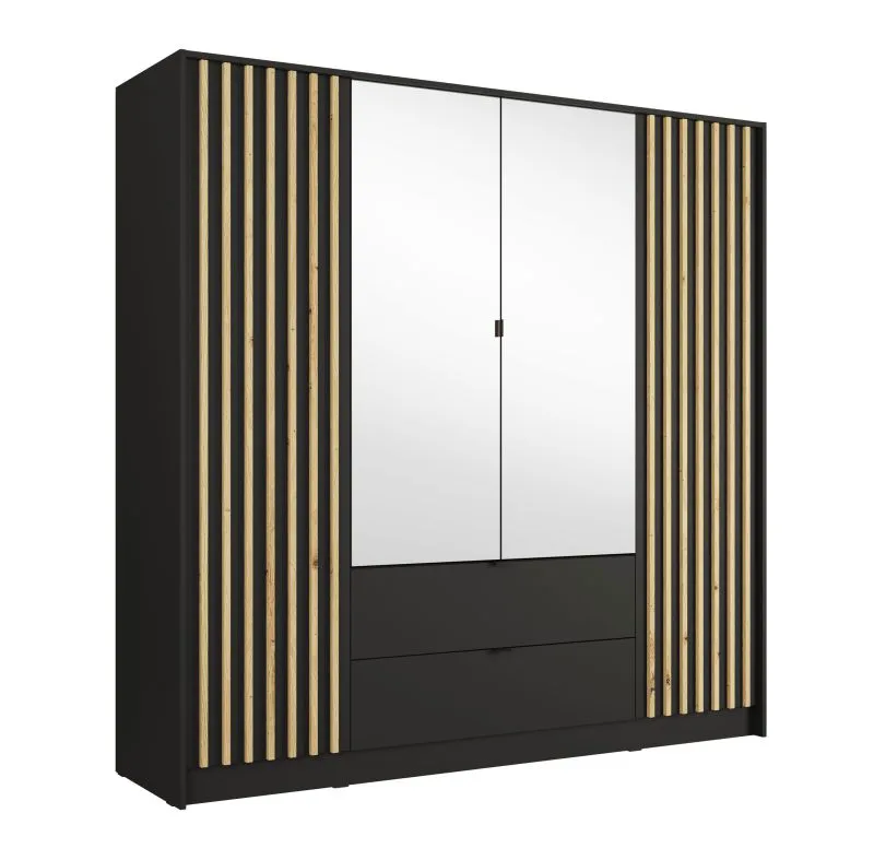 Kleiderschrank mit 2 Spiegeltüren | 200 x 54,5 x 200,5 cm | 2 Schubladen | 10 Fächer | 4 Drehtüren | Metallgriffe| 1 Kleiderstange | Iraklio 06 | Lamellen