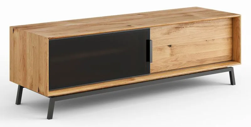 TV-Unterschrank Salleron 03, Wildeiche massiv geölt, Farbe: Natur / Schwarz - Abmessungen: 52 x 200 x 50 cm (H x B x T)