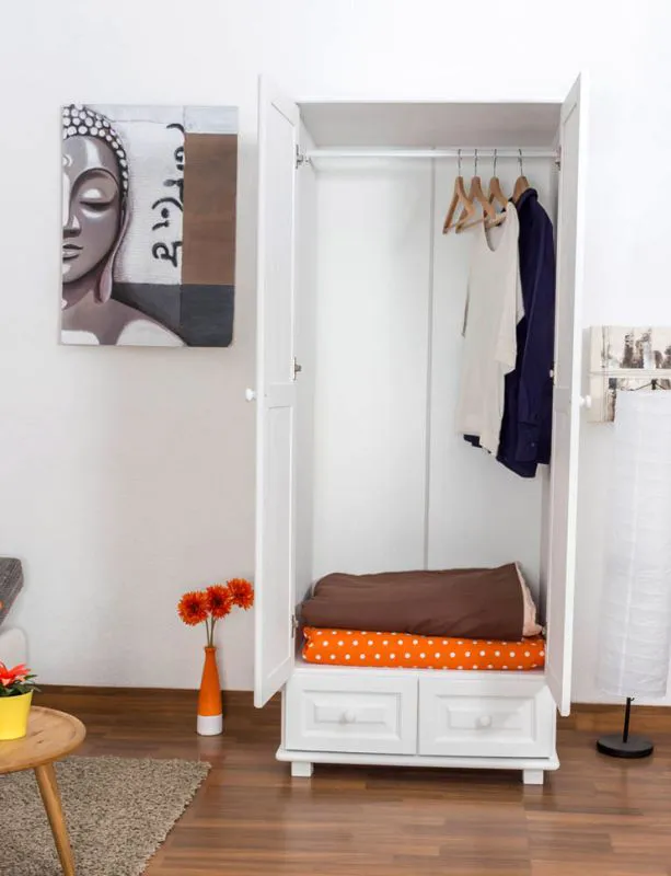 Schmaler Kleiderschrank | 2 Drehtüren | 2 Schubladen | 1 Fach | mit Kleiderstange | 80 cm breit | Massivholz | Farbe: Weiß Abbildung