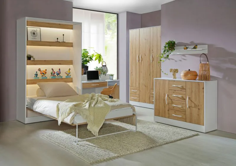 Schlafzimmer Komplett - Set A Nalut | 6-teilig | in Eiche / Weiß | Schrankbett 120 x 200 cm mit LED-Beleuchtung | Scheibtisch | Kleiderschrank | Kommode