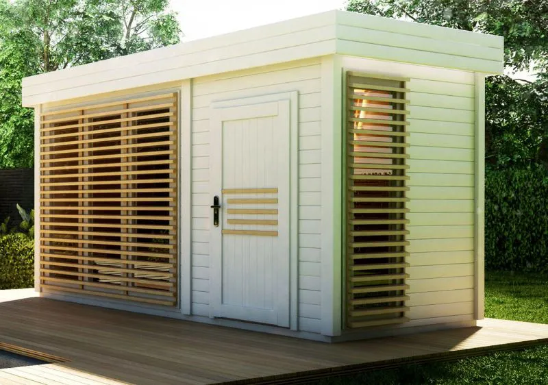 Gartensauna / Außensauna 40 mm | für bis zu 8 Personen | großzügiger Vorraum | mit großen Fenstern - bodentief | 4 x 2 Meter | Farbe: Eiche / Weiß Abbildung
