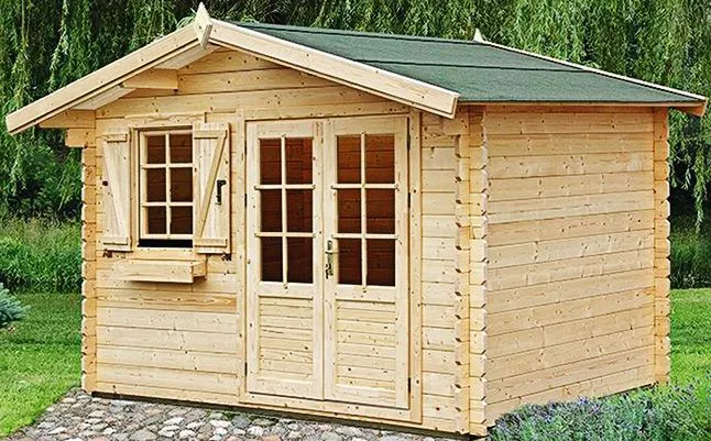 Holz-Gartenhaus 3,98 x 3,48 Meter (inkl. Dach) | Naturbelassen | Satteldach | 34 mm Blockbohlen-Haus Abbildung