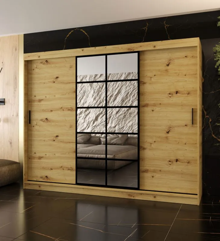 Schiebetürenschrank | Farbe: Eiche Artisan | 10 Fächer | 2 Kleiderstangen | hochwertig Verarbeitet | 250 x 62 x 200 cm | Kleiderschrank | Spiegeltür | modernes Design