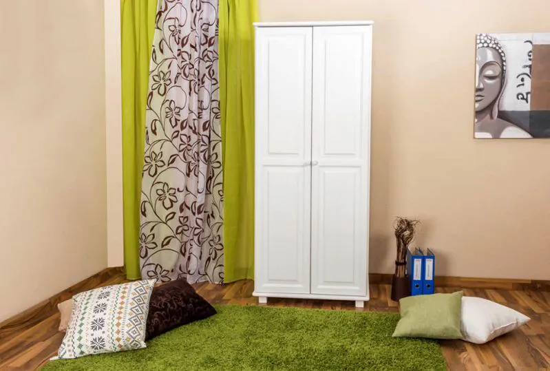 Schmaler Kleiderschrank | 2 Drehtüren | 1 Fach | mit Kleiderstange | 80 cm breit | Massivholz | Farbe: Weiß Abbildung